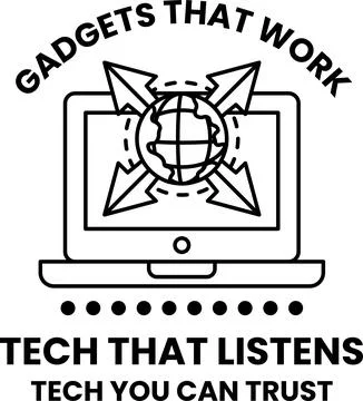 A laptop with a globe on it and the words "Tech that listens" written below i Stock Illustration