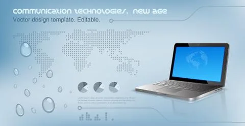 Laptop on the glossy hi-tech background.  world map on the background. Stock Illustration