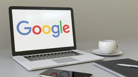 Laptop with Google logo on the screen. Modern workplace conceptual editorial 3D Stock Illustration