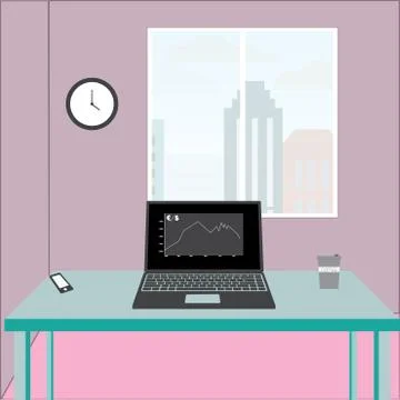 Laptop with graphs on the screen is on the table in front of the Stock Illustration