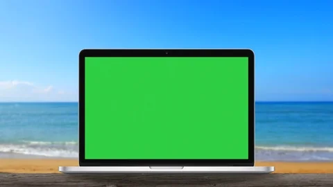 Laptop Green Screen on Beach Computer with Tropical Sea Ocean Horizon Background Stock-Footage 81039078