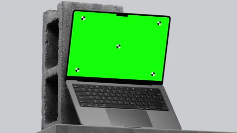 Laptop Green Screen Concrete Block Reveal Video stock 344242255