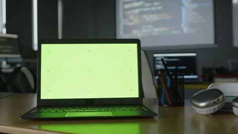 Laptop with Green Screen on Desk at Programming Class Stock Footage 278124282