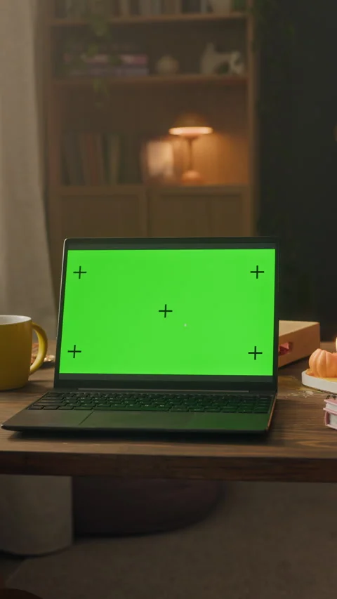 Laptop with Green Screen Displaying Chroma Key in Cozy Home Stock Footage 340315452