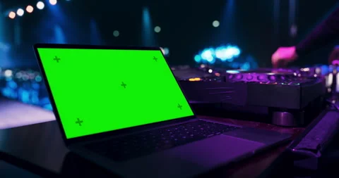 Laptop with Green Screen at DJ Table Stock Footage 283732407