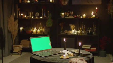 Laptop with Green Screen in Fortune Tellers Room Stock Footage 247635026