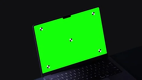 Laptop Green Screen Lid Opening Dark Scene Push In Stock Footage 343649049