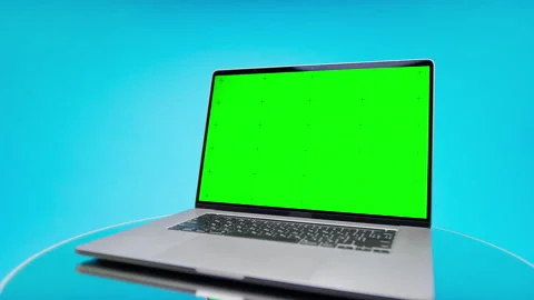 Laptop Green Screen Mockup on Blue Background Stock Footage 345833072