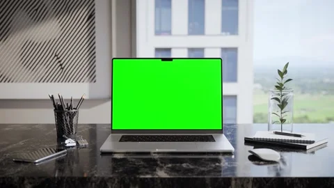 Laptop Green Screen Mockup on Desk in Modern Executive Office Interior - Fr.. 스톡 동영상 337960433