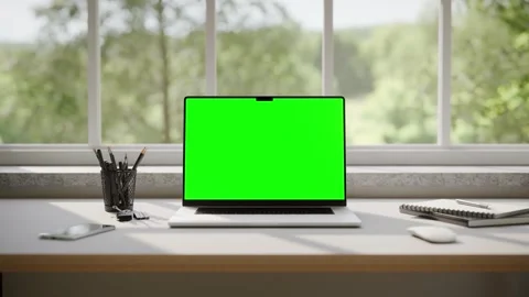 Laptop with Green Screen Mockup on Desk in Minimalistic Bright Office Inter.. Vídeo Stock 341823319