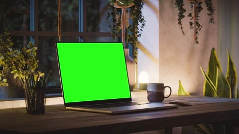 Laptop green screen mockup left perspective view on desk with warm night li.. Video stock 320005583