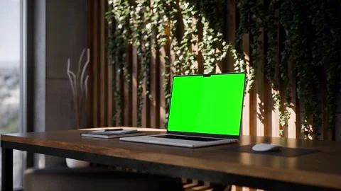 Laptop Green Screen Mockup in Modern Concrete Office Workspace - Perspectiv.. Vidéo 342726451