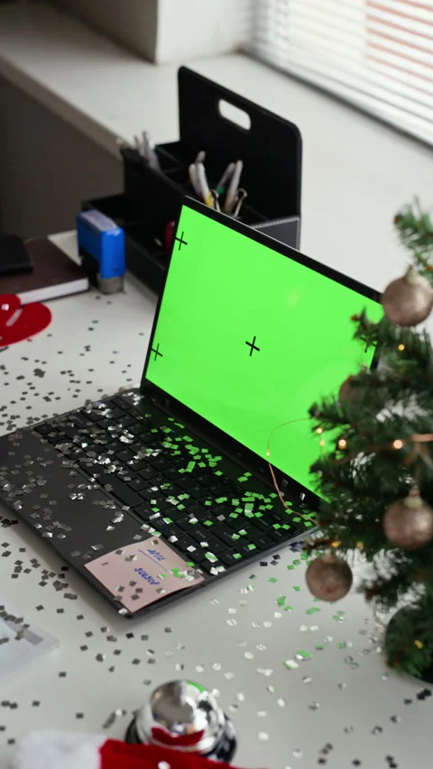 Laptop with Green Screen Mockup Standing on Festive Office Desk Stock Footage 346067371