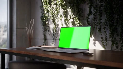 Laptop with Green Screen on Office Desk with Plants in Concrete Industrial .. 動画素材 342327997