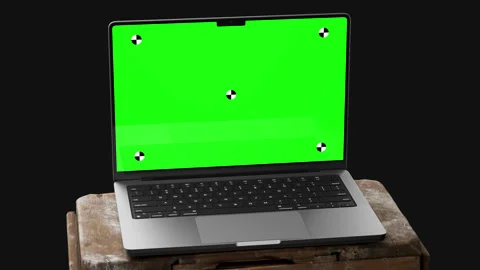 Laptop green screen on rustic wooden crate Stock Footage 343635408