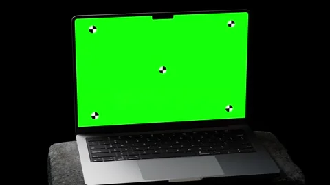 Laptop Green Screen On Stone Block Camera Rise Stock Footage 343642336