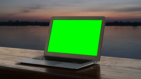 Laptop green screen with sunset. Stock Footage 95389634