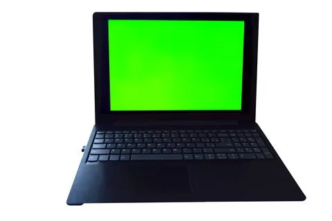 Laptop with green screen on white isolated background Stock Photos