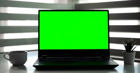 Laptop with green screen on white table in front of roller blind. With Coffee. Stock Footage 148157089