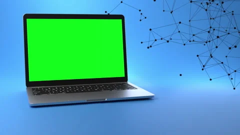 Laptop with greenscreen on a blue backdrop with abstract digital wireframe. Stock Footage 257218363