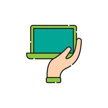 Laptop with Hand icon Vector Design. Laptop icon with Hand Gesture design con Stock Illustration