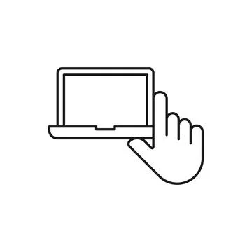 Laptop with Hand icon Vector Design. Laptop icon with Hand Gesture design con Stock Illustration