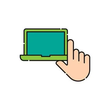 Laptop with Hand icon Vector Design. Laptop icon with Hand Gesture design con Stock Illustration