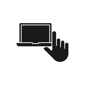 Laptop with Hand icon Vector Design. Laptop icon with Hand Gesture design con Stock Illustration