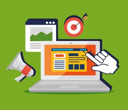 Laptop with hand pointer cursor and website information 스톡 일러스트