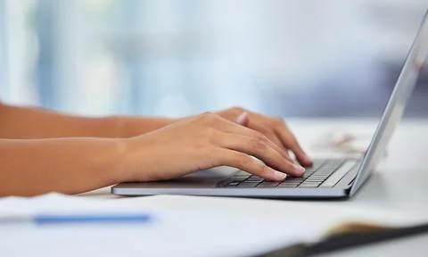 Laptop, hands typing and screenwriter with research for script, screenplay or Foto stock