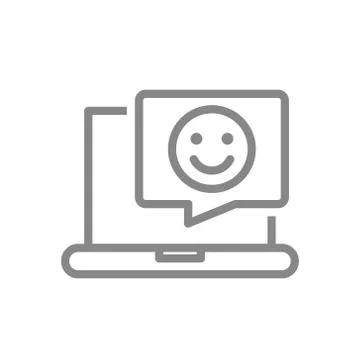 Laptop with happy face in speech bubble line icon. Customer satisfaction Stock Illustration