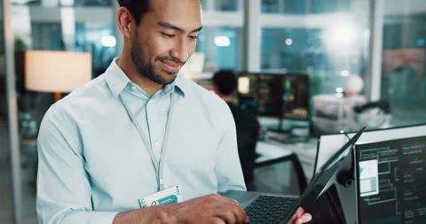 Laptop, happy man and programmer typing in office for software development Stock Footage 308992041