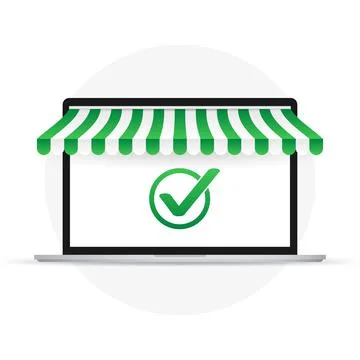 Laptop having approved tick notification, successful operation check mark. La Stock Illustration
