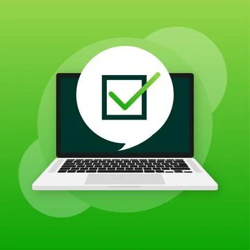Laptop having approved tick notification, successful operation check mark. La Stock Illustration