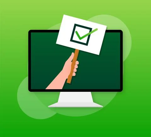 Laptop having approved tick notification, successful operation check mark Stock Illustration