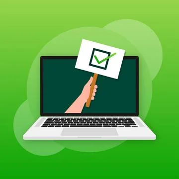 Laptop having approved tick notification, successful operation check mark Stock Illustration