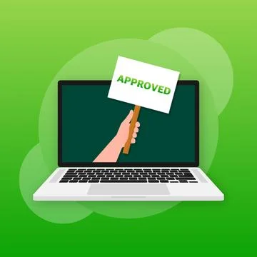 Laptop having approved tick notification, successful operation check mark Stock Illustration
