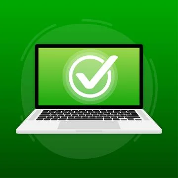 Laptop having approved tick notification, successful operation check mark Stock Illustration
