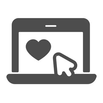 Laptop with heart and mouse pointer, online date solid icon, dating concept Stock Illustration