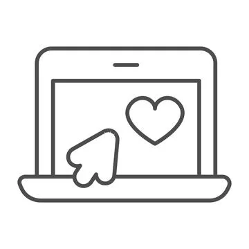 Laptop with heart and mouse pointer, online date thin line icon, dating concept Stock Illustration