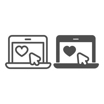 Laptop with heart and mouse pointer, online date line and solid icon, dating Stock Illustration