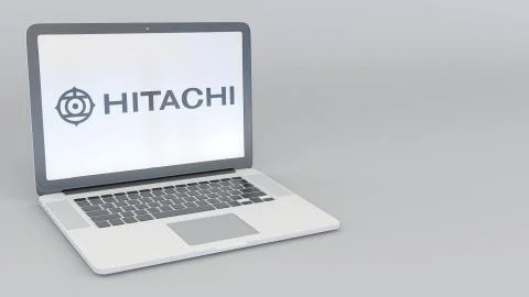 Laptop with Hitachi logo. Computer technology conceptual editorial 3D rendering Illustrazione stock