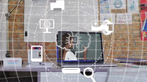 Laptop host tracing thought bubble, adding chip schematic, starting cloud AI Stock Footage 333145114
