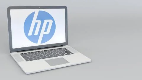 Laptop with HP Inc. logo. Computer technology conceptual editorial 3D rendering 스톡 일러스트