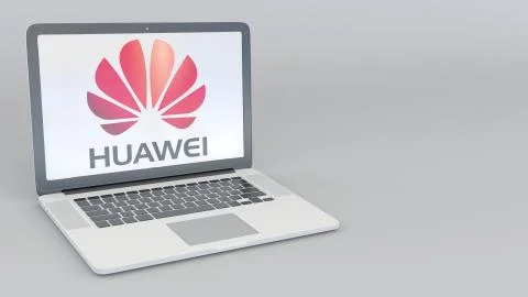 Laptop with Huawei logo. Computer technology conceptual editorial 3D rendering Illustrazione stock