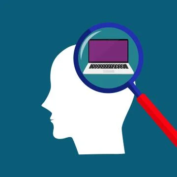 The laptop in the human head. The idea in the brain thinks about work. Vector 库存插图