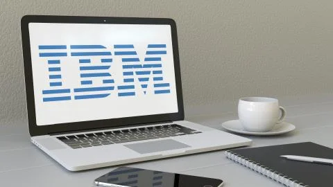 Laptop with IBM logo on the screen. Modern workplace conceptual editorial 3D Stock Illustration