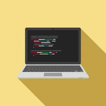 Laptop icon with code editor on screen. Stock Illustration