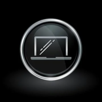 Laptop icon inside round silver and black emblem Stock Illustration