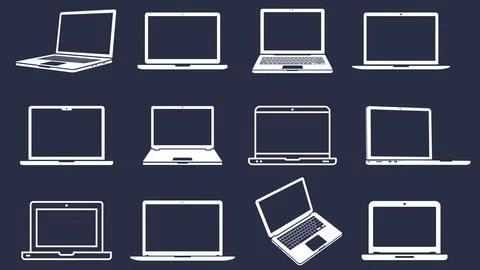 Laptop icons set. Notebook flat and line icons. Laptops silhouettes collectio Stock Illustration